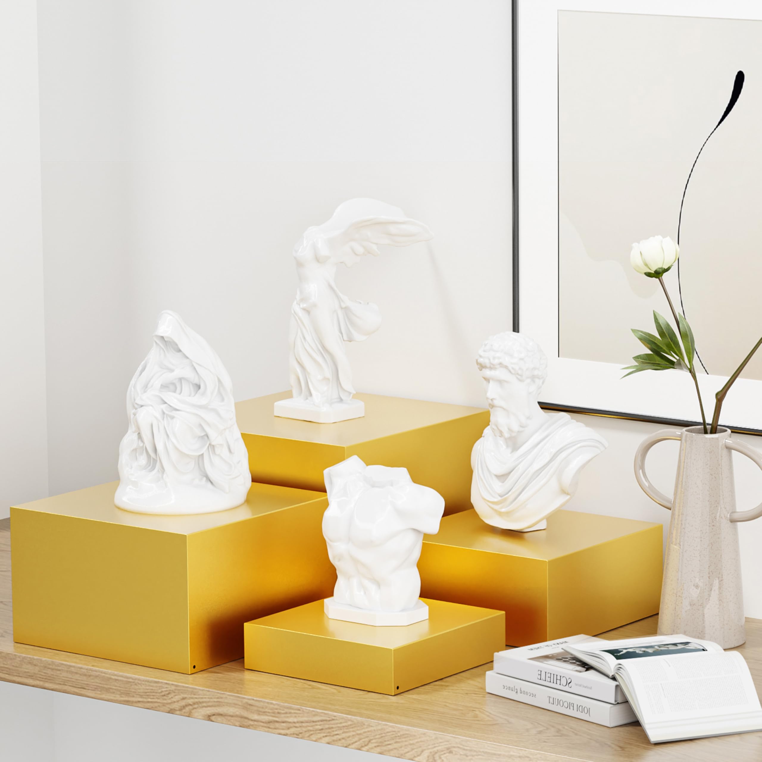 Metal Buffet Risers,4PCS OVERSIZED Food Risers for Buffet Table 8''X9''10''X11'' Display Stand with Mini Acrylic Signs for Catering Dessert Collectibles Jewelry Figures Show Gold Cube Boxes Nesting Risers with Hollow Bottoms