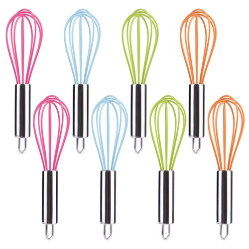 BAEKZ Multi-Color Mini Silicone Kitchen Whisks with Stainless Steel Handles Milk Beater Egg Beater Balloon Whisk for Blending Stirring Whisking and Beating(6.2in, Four colorsl, 8)