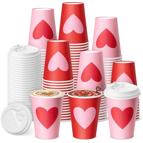 Sunnychicc 60 Set Valentine's Day Disposable Coffee Cups with Lids 12oz Red Pink Hearts Patterns Paper Cups Beverage Drinking Cup for Anniversary Wedding Bridal Shower Party Supplies 2 Style