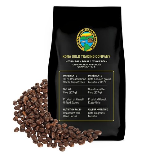 8oz 100% Kona Coffee Whole Beans by Kona Gold Rum Co. - Extra Fancy Freshly Roasted Medium/Dark Roast, Peach Notes with Cream Tones - Kona Coffee Whole Bean