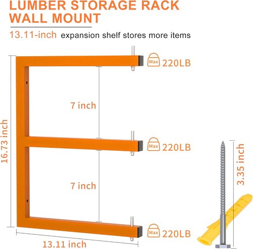 Lumber Rack | Heavy-Duty Wall-Mounted Lumber Storage System - 6 Levels, 1320 LB Capacity, Orange (4 Pack)
