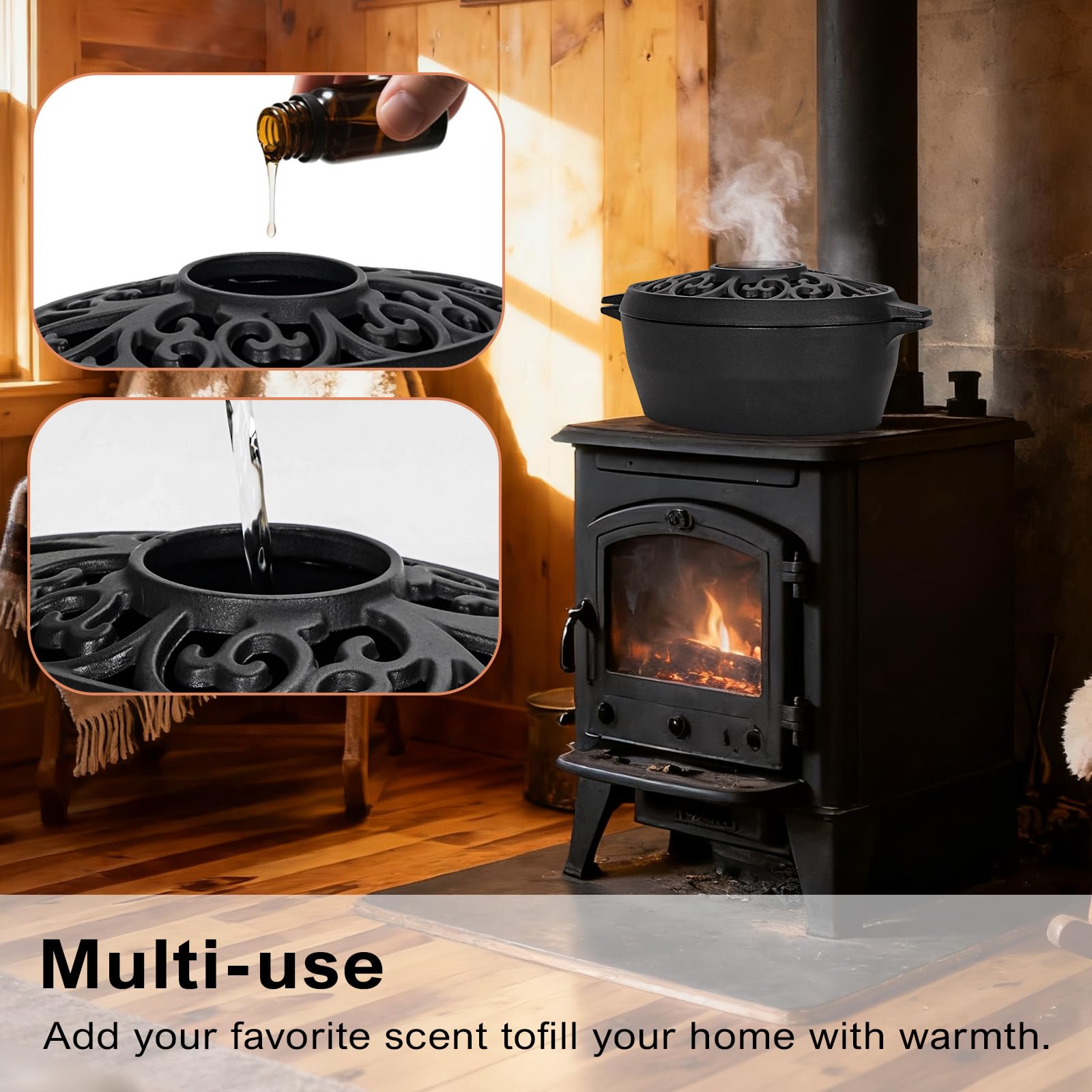 GoCampDirect Wood Stove Steamer - 2.5 Quart Wood Stove Humidifier, Full Porcelain Enamel Coated Cast Iron humidifier for Rust Proof, Matte Black Finish with Lattice Top Black