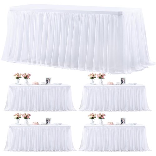 4 Pack 6ft White Table Cloths Rectangle Tulle Tablecloth Fitted White Tablecloths for 6 foot Rectangle Tables Stretch Spandex Table Covers for Parties Wedding Birthday Events Banquet Desk Tables Skirt