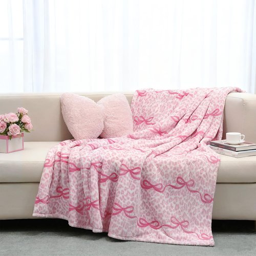 VigorSpring Pink Bow Blanket - 50x60 Inch, Leopard Background Printed, Super Soft Warm Valentine's Day Throw Blanket, Coquette Aesthetic Home Decor, Ideal Gift for Girls Women
