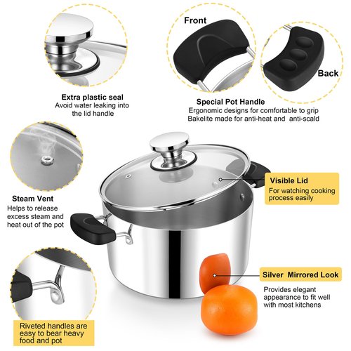 4 Quart 3-Ply Cooking Stock Pot with Lid, P&P CHEF Stainless Steel Large Pot for Pasta Soup, Work on Multi Stove, Heavy Duty & Dishwasher Safe, Dual Heat-resistant Handles & Transparent Glass Lid
