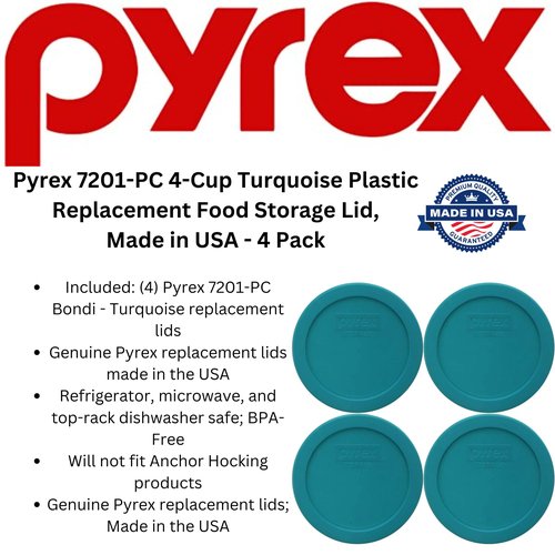 Pyrex 7201-PC 4 Cup Turquoise Food Storage Replacement Lid (4-Pack) - Made in USA