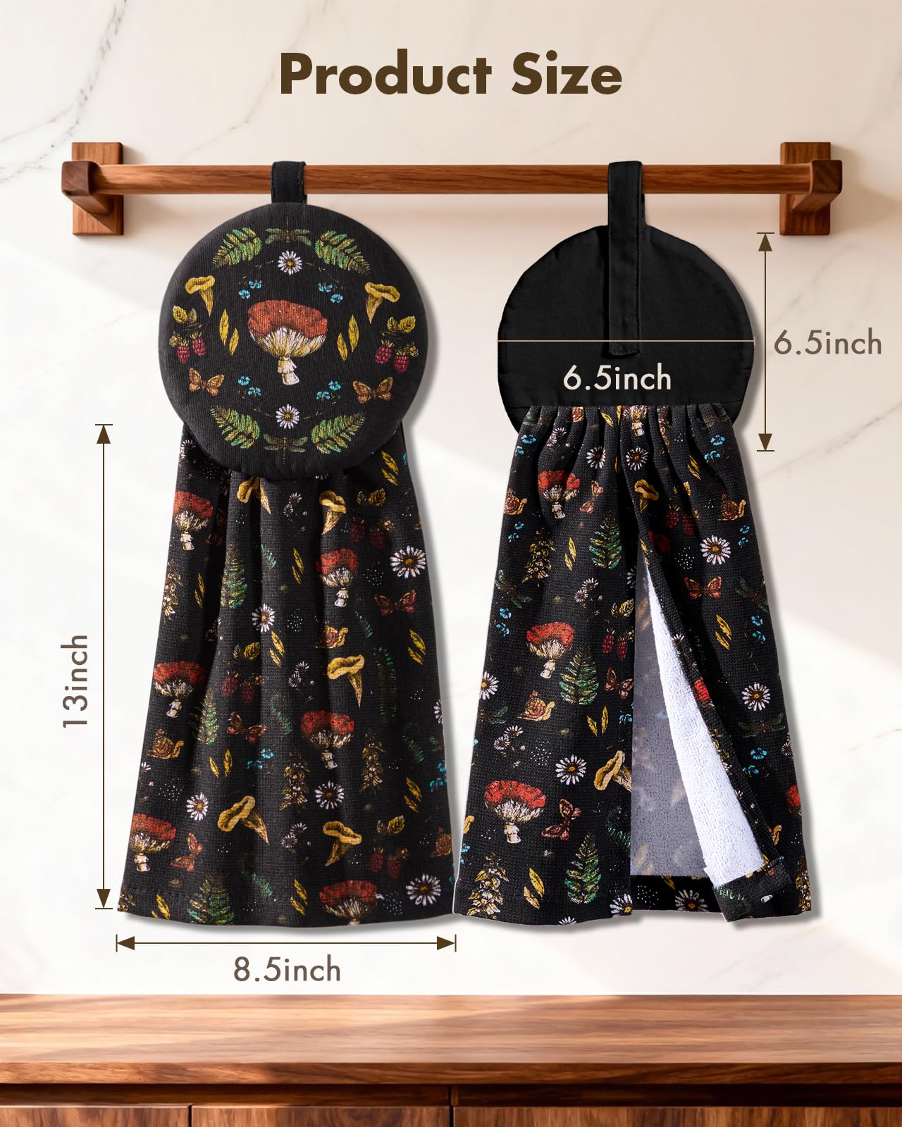 Miss Adola Cotton Hanging Hand Towels - 2pcs Hand Drying Towels for Kitchen Bathroom with Hanging Loop Cute Decorative Soft Terry Cloth Kitchen Towel with Mushroom Design for Housewarming Gifts