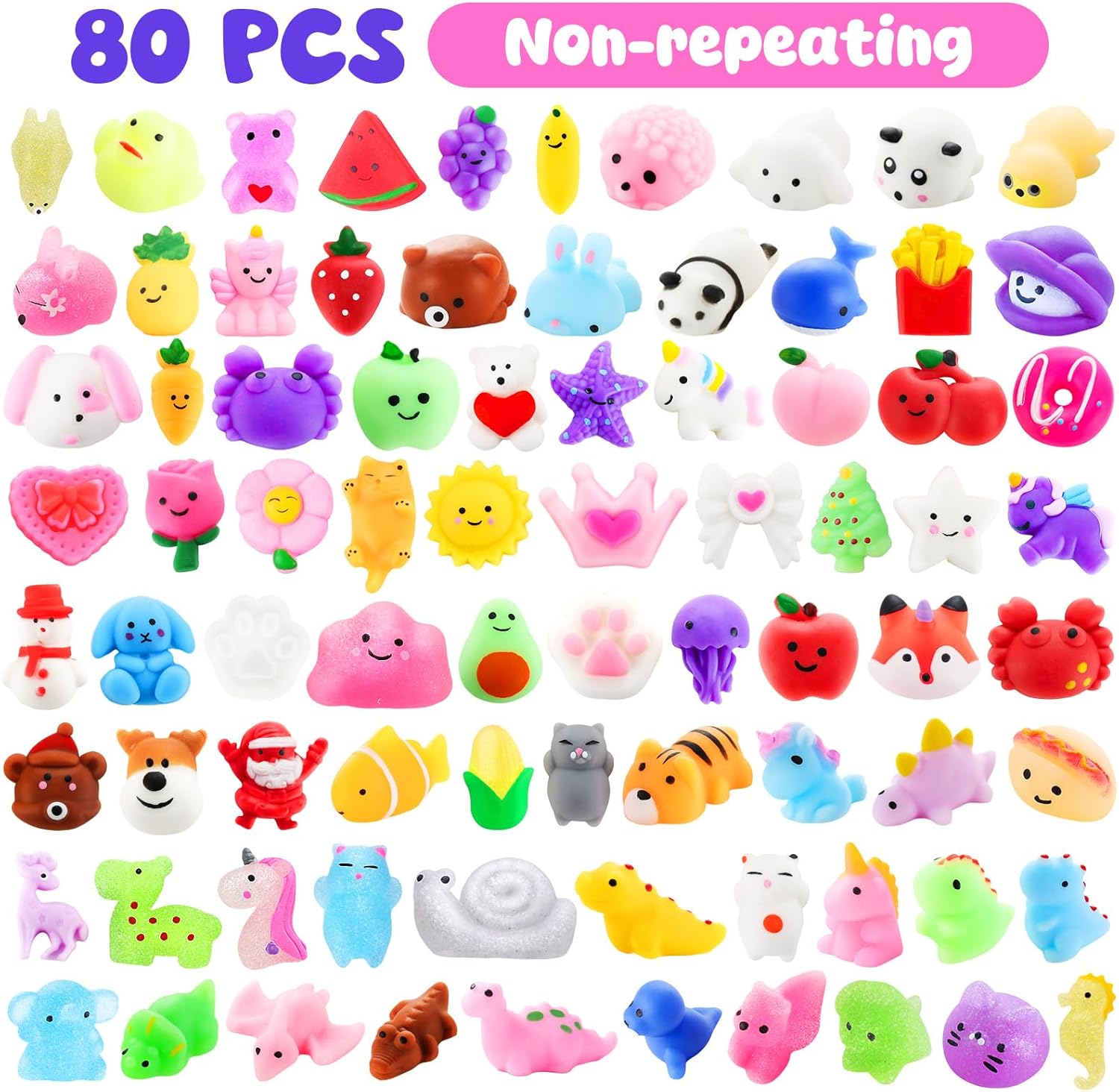 Zefy 80 Pcs Mochi Squishy Toys - Fun Fidget Toys for Kids | Perfect for Parties, Goodie Bags & Prizes