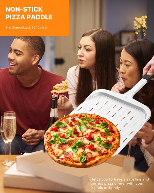 Perforated Aluminum Pizza Peel 12 inch, Nonstick Pizza Paddle (12x13.7'') with Heat-resistant Handle, Detachable and Lightweight Pizza Spatula, 12'' Pizza Turning Peel, Pizza Oven Accessories