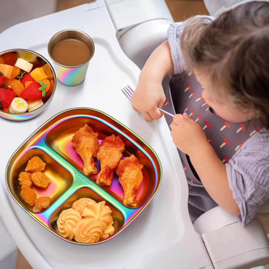 Tioncy 15 Pcs Stainless Steel Kids Dinner Set, Bowls, Balanced Bites Divided Plates, Cups, Spoons and Forks, Stainless Steel Lunch Plates Dinnerware Set for Kids Toddlers (Classic)