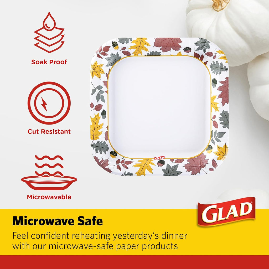 Glad Everyday Square Disposable Paper Plates with Falling Foliage Design, Small | Cut-Resistant, Microwavable Paper Plates for All Foods & Daily Use | 7 Inches, 50 Count - 12 Pack