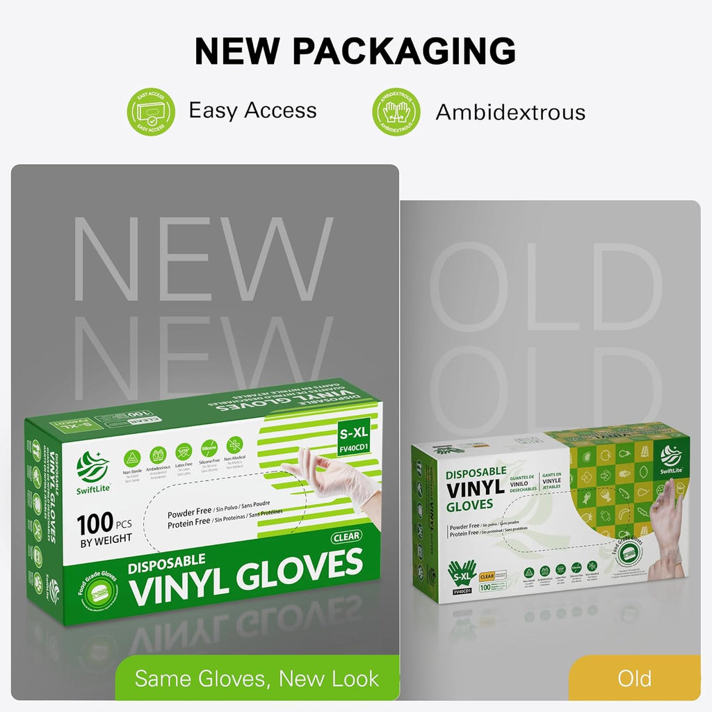 SWIFTLITE Disposable Vinyl Gloves - Food Safe, Latex-Free, Powder-Free Clear Plastic | Ideal for Cooking & Cleaning