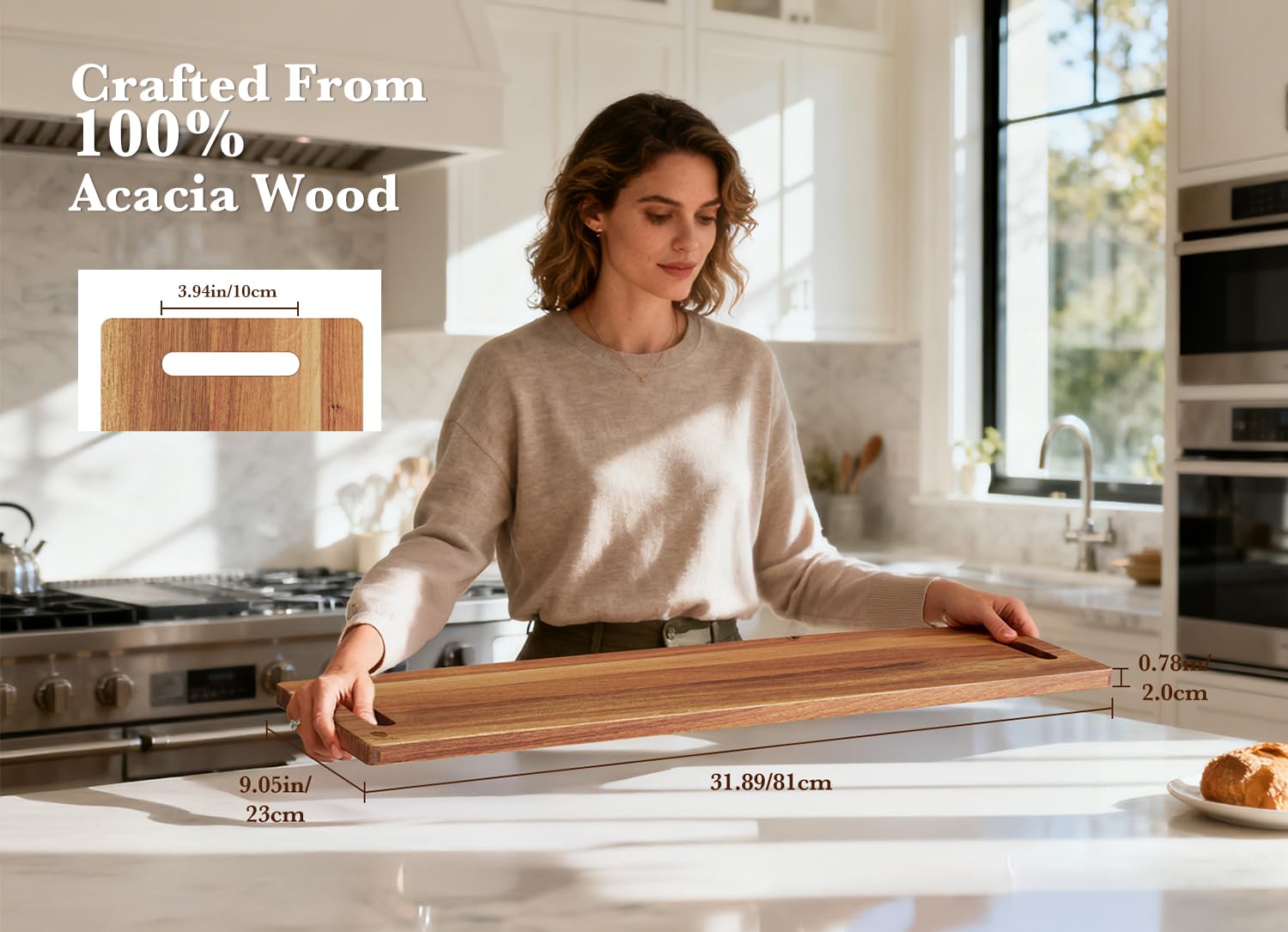 Dofira Large Charcuterie Board – Featuring Built-In Side Handles, 32" Acacia Wood Serving Board for Cheese, Meat & Appetizers – Extra Long Kitchen Platter for Gatherings, BBQ & Home Decor