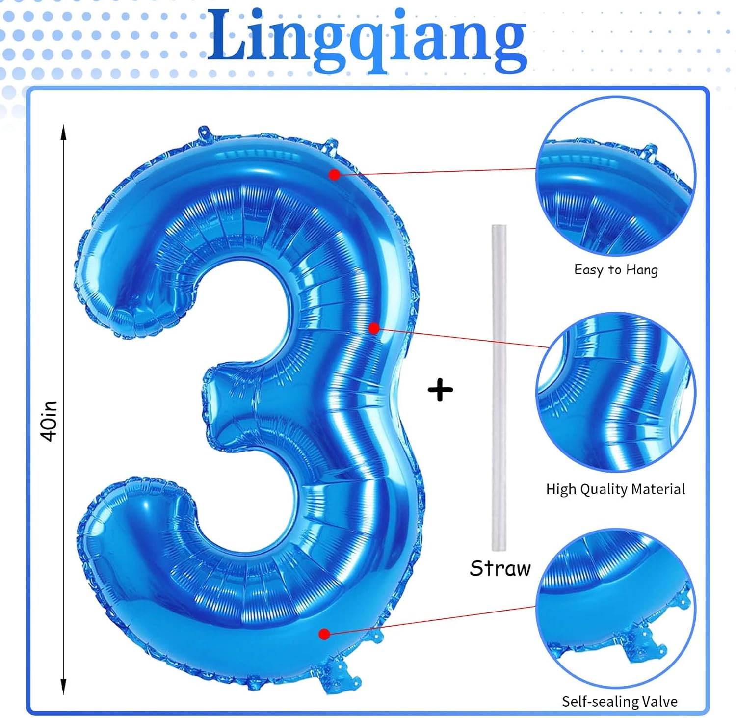 Skiennix 40-Inch Blue Foil Number 3 Balloon - Large Helium Balloon for Birthday & Graduation Celebrations