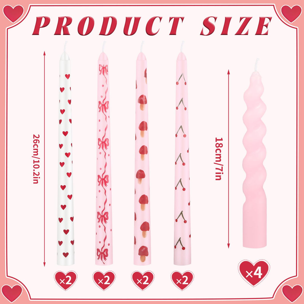 Nuanchu 12 Pcs Galentine's Day Taper Candles Valentines Heart Bow Pink Spiral Candle Sticks Real Wax for Valentines Day Bridal Shower Wedding Anniversary Birthday Dinner Table Home Decor