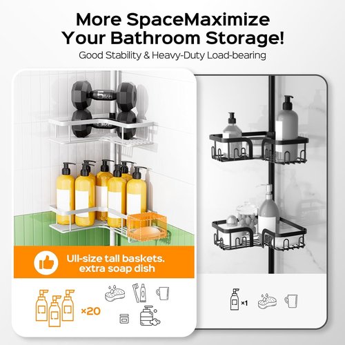 HAMITOR Corner Shower Caddy - 4-Tier Rustproof Bathroom Organizer with Soap Holder & Hooks | No-Drill Adjustable Tension Pole (47-123 Inch)