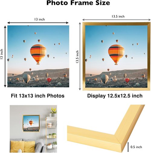 JCJMY 13x13 Gold Picture Frame - Wall Hanging for Horizontal or Vertical Display | Shatter-Resistant Plexiglass