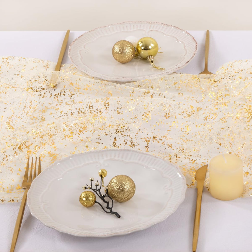 Socomi Gold Table Runner - Sheer Glitter Chiffon for Weddings & Parties | 10FT Beige Centerpiece Decor
