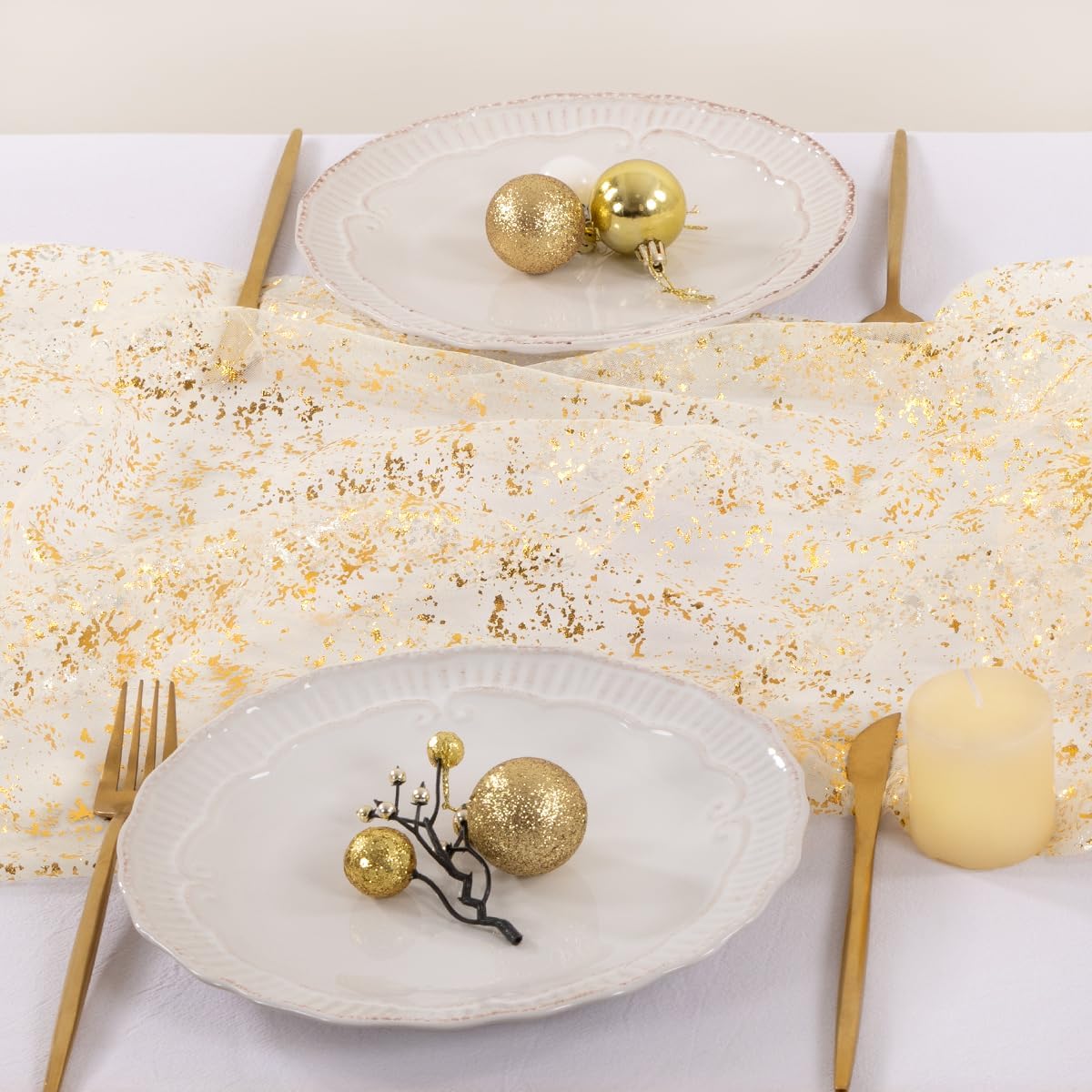 Socomi Gold Table Runner - Sheer Glitter Chiffon for Weddings & Parties | 10FT Beige Centerpiece Decor