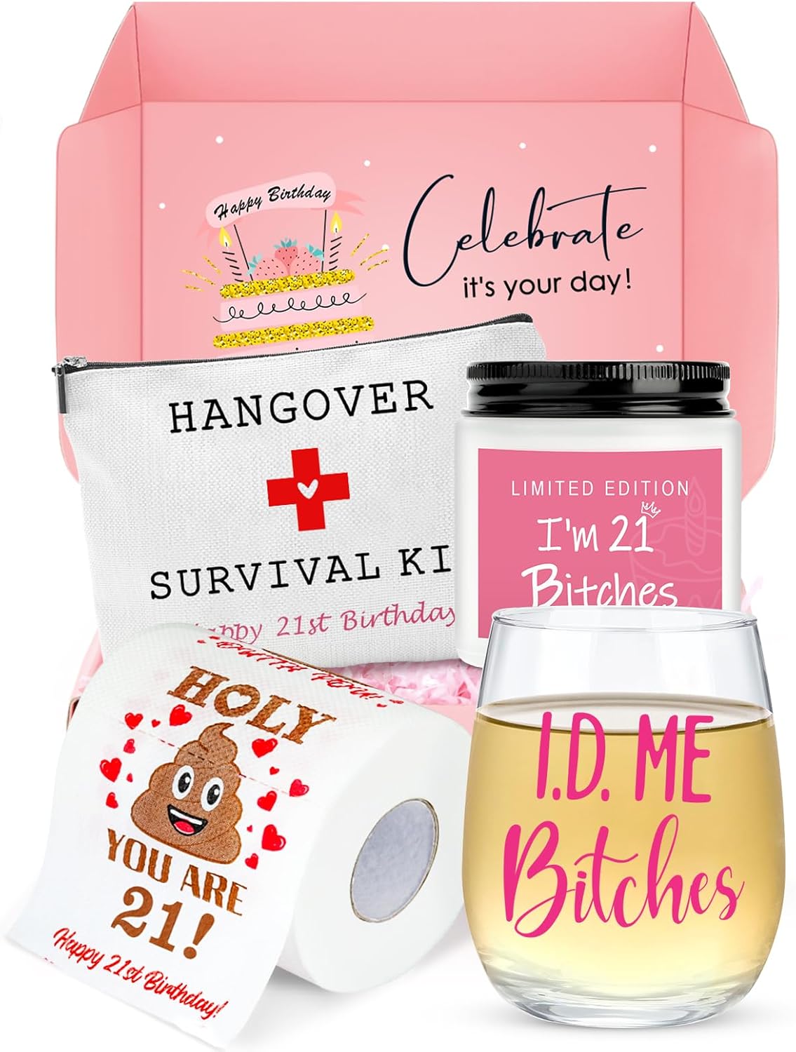 Skiennix 21st Birthday Gifts for Her | Unique & Funny 21-Year-Old Gifts - Wine Glass, Candle & Makeup Bag