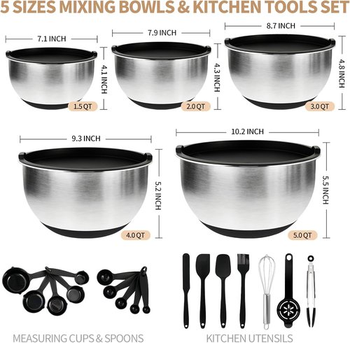 Deedro Premium Mixing Bowls Set - 22 Pcs Thicker Stainless Steel with Airtight Lids | Non-Slip Silicone Base, Black