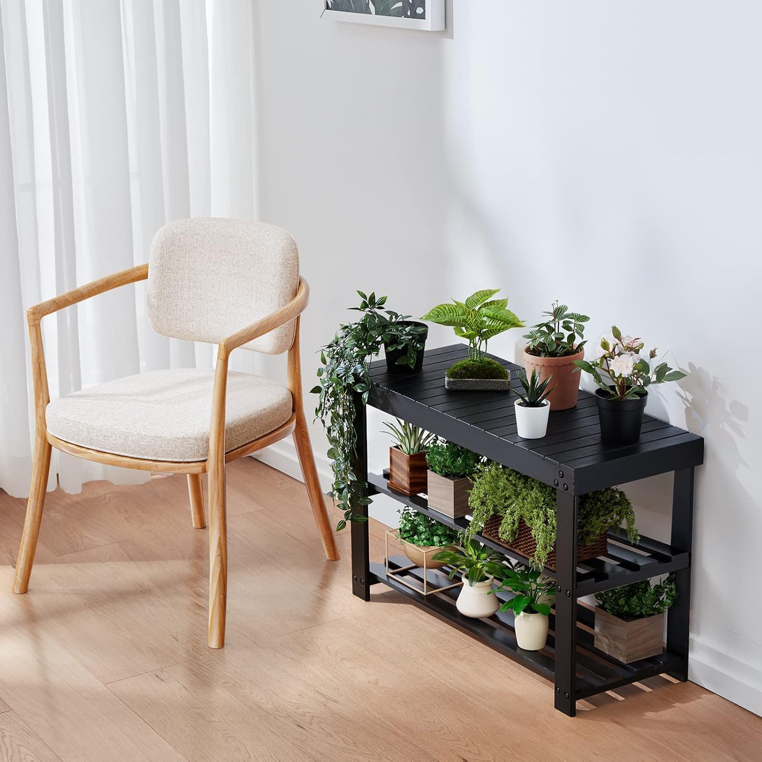 Pipishell Bamboo Shoe Rack - 3-Tier Sturdy Organizer Holds Up to 300lbs | Black Entryway Bench
