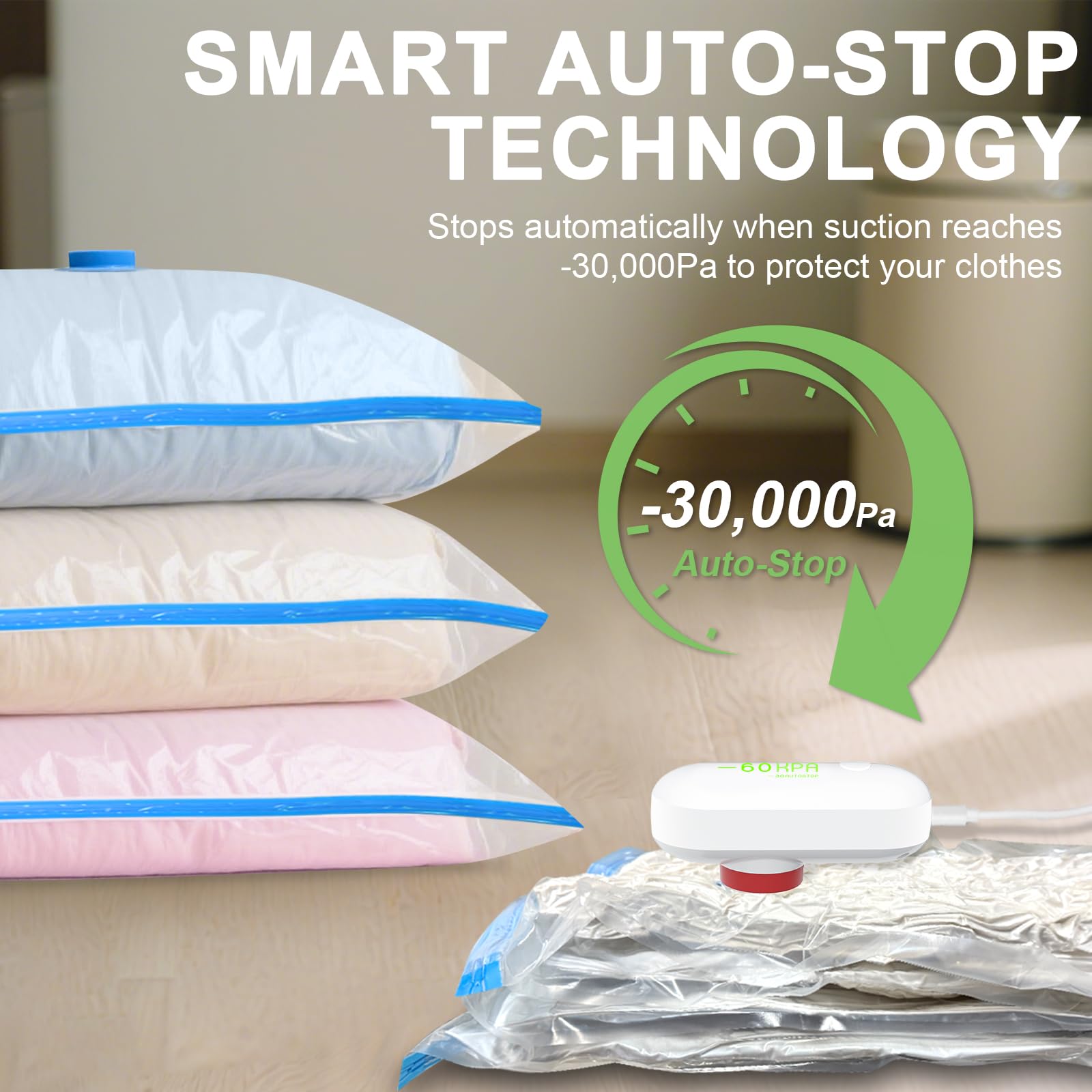 Mapambo 15 Pack Vacuum Storage Bags with -60000Pa USB Pump, Vacuum Seal Bags for Clothing Travel, Space Saver Vacuum Seal Bags for Clothing, Save 80% of Space for Clothes (15 Combo Size)