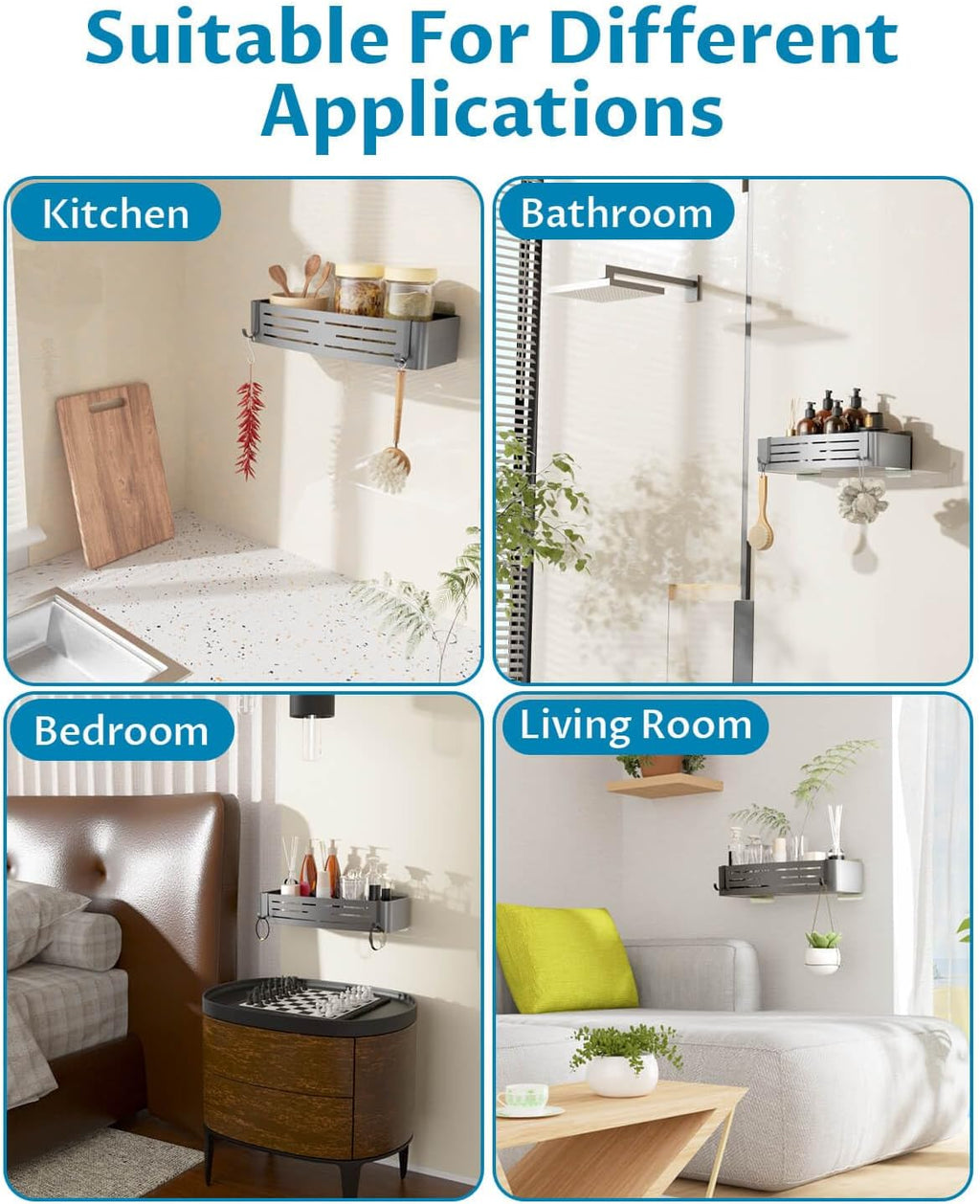Onemake Shower Caddy - Rustproof Aluminum Bathroom Organizer with Removable Hooks | Grey