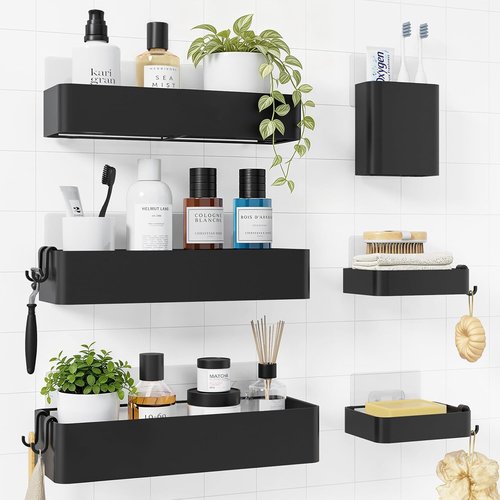 Kitsure Shower Caddy Adhesive - Rustproof 6-Pack No-Drilling Shower Shelves with Soap Holder & Hooks | Large Black Bathroom Organizer