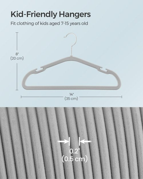 SONGMICS Kids Hangers 50 Pack, 14 x 8 Inches, Non-Slip Velvet Baby Hangers for Closet, Space-Saving, Wide Shoulder Notches, Dove Gray UCRF038G01