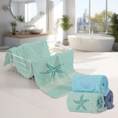 Ddeetodu 3 Pcs Coastal Hand Towels Ocean Decorative Bathroom Towels Decors Beach Hand Towel Embroidered Towel Decorative Set 100% Cotton Soft Absorbent Towels for Bathroom Decors