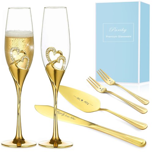 Parihy Wedding cake cutting set, Gold Wedding Champagne Fluteswith Twin Heart Base and Rhinestone Detailing, Toasting Glasses for Couple Bride and Groom, Cake Cutting Set of 6