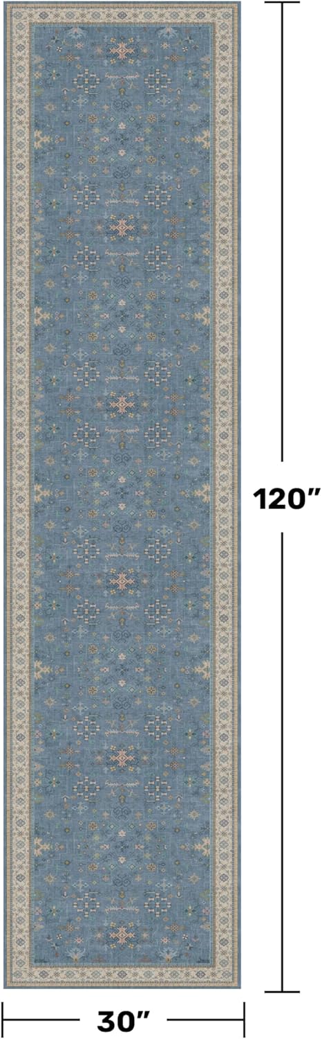 Boho 2'6" x 10' Wide Runner Rug - Light Blue Washable Non-Slip Hallway Décor