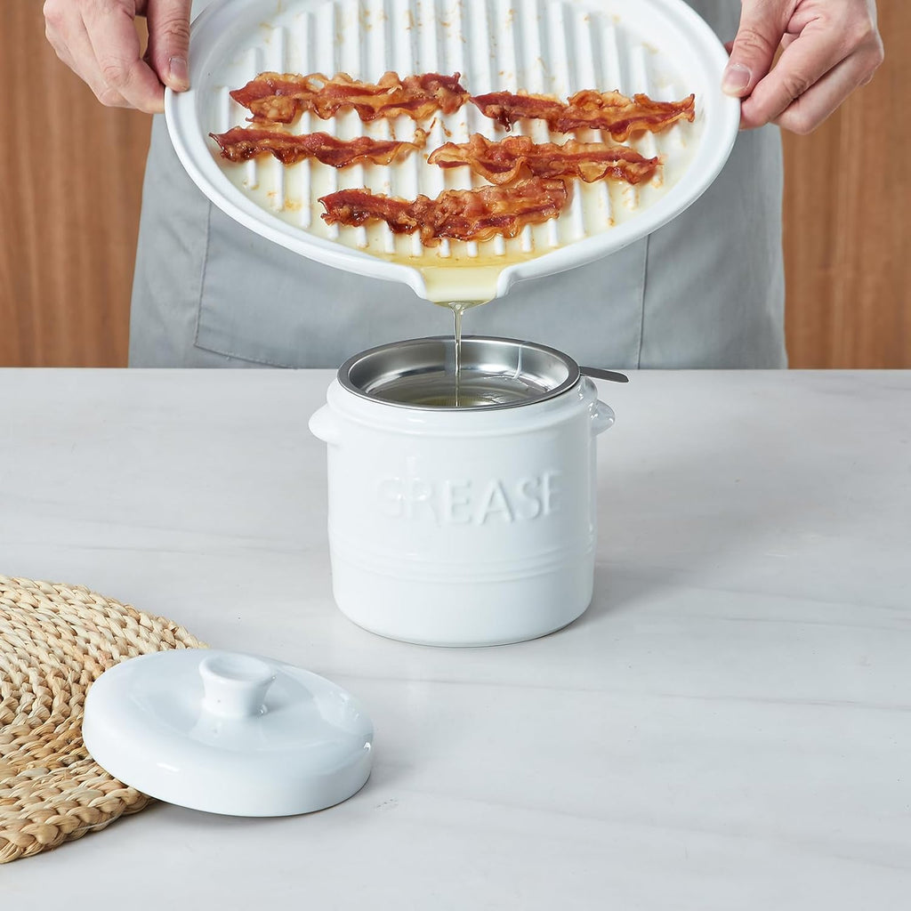 ONEMORE Microwave Bacon Tray - Ceramic Cooker for Crispy Bacon | 11-Inch Round Dish, White
