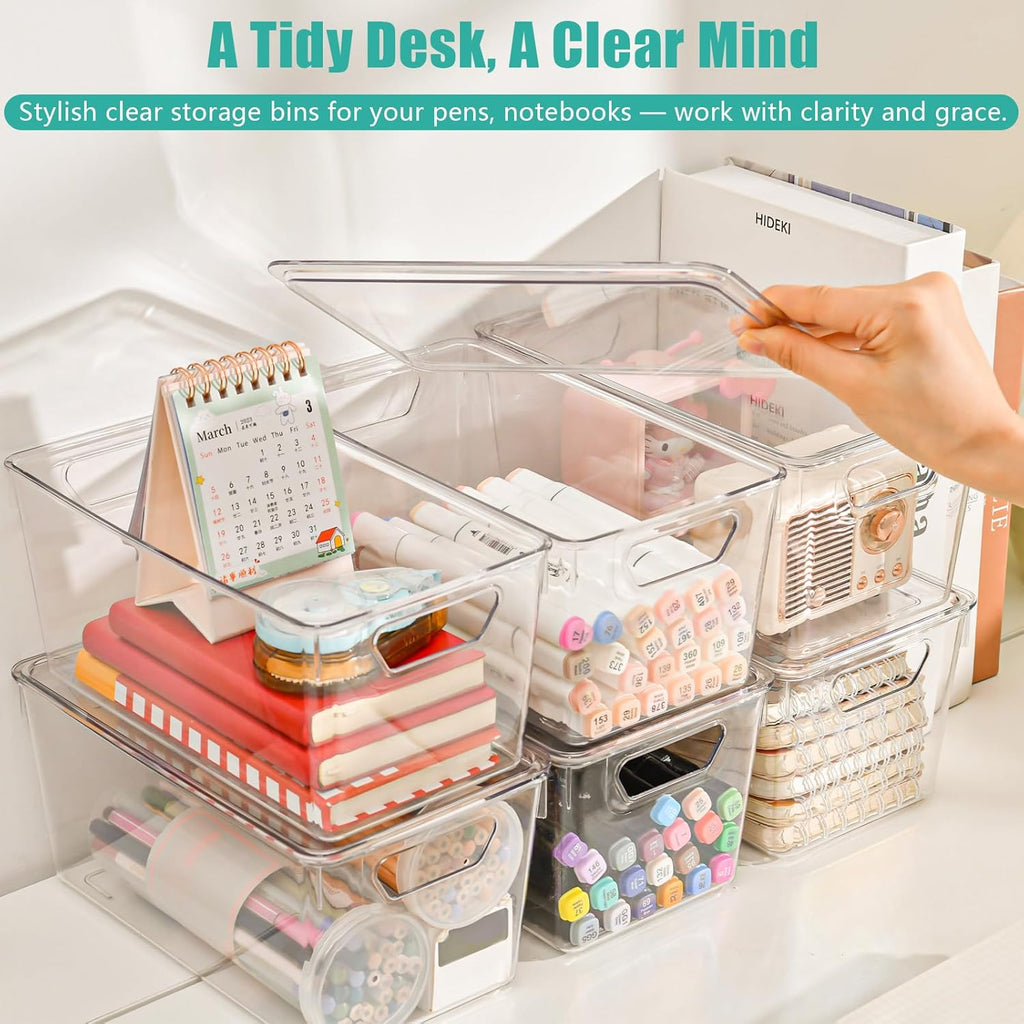 Skiennix 6 Pack Clear Storage Bins - Stackable Acrylic Craft Containers with Lids & Handles | Ideal for Kitchen & Office Organization