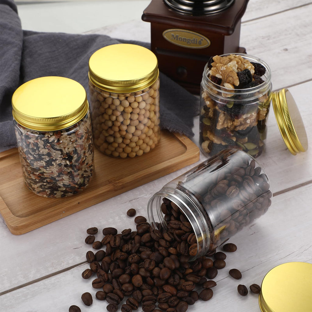 Wesiti 100 Pcs 8 oz Clear Plastic Mason Jars Containers With Screw on Gold Lids Refillable Round Empty Plastic Jars Storage Containers Reusable for Kitchen Household Dry Food Storage Honey Herb Nuts