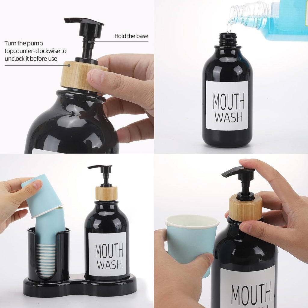 Skiennix Mouthwash Dispenser - 16oz Plastic Bottle with Cup Holder & Tray - Black