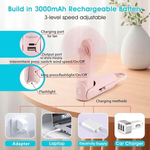 Digibond Portable Pink Handheld Fan - 3000mAh USB Rechargeable, 6-in-1 Travel Essential with Lanyard