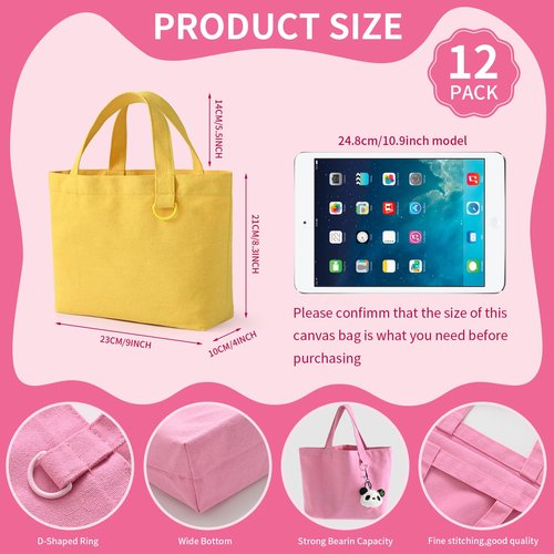 KIDJFGG 12 Pack Small Canvas Tote Bags, Mini Tote Bags Bulk for Women, DIY Blank Reusable Cute Sublimation Totes Bag with Handles & D Ring for Grocery, Valentine's Day, Wedding Gifts (Multicolour)