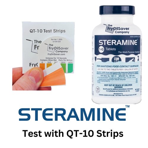 1 Bottle Steramine Sanitizer Tablets w/15x QT-10 Test Strips - Multi Purpose Steramine Sanitizing Tablets for Food Contact Surface, Kitchen, Restaurant, Food Service by FryOilSaver (150 Count)