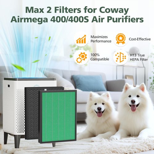 400/400S Filter Replacement Compatible with Coway AIRMEGA Max2 400 400S 400(G) 400S(G) Air Purifier, Max2 Green Filter and Activated Carbon Filter Set, AP-2015-FP, 2 Set