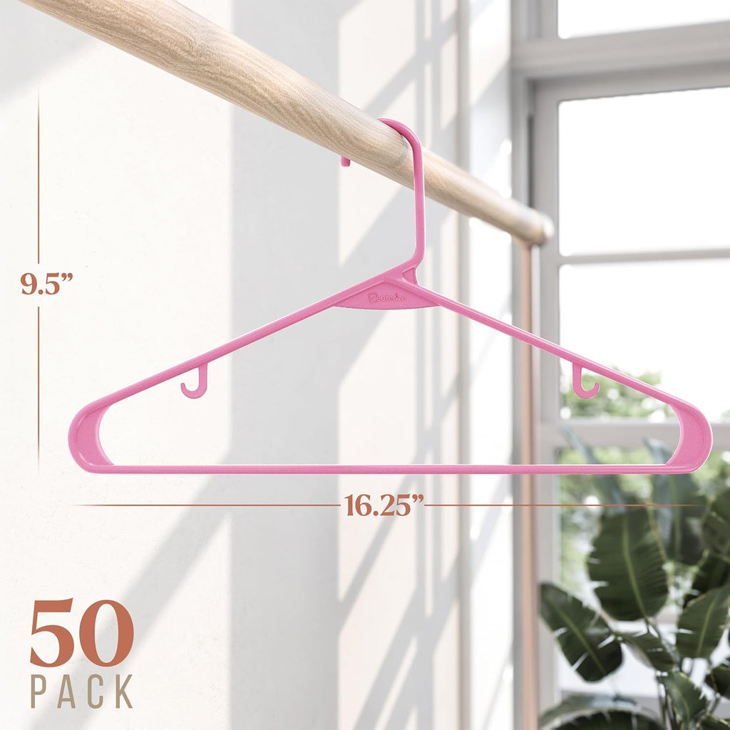 Plastic Hangers 50 Pack - Space-Saving Clothes Hangers in Pink for Closet Organization