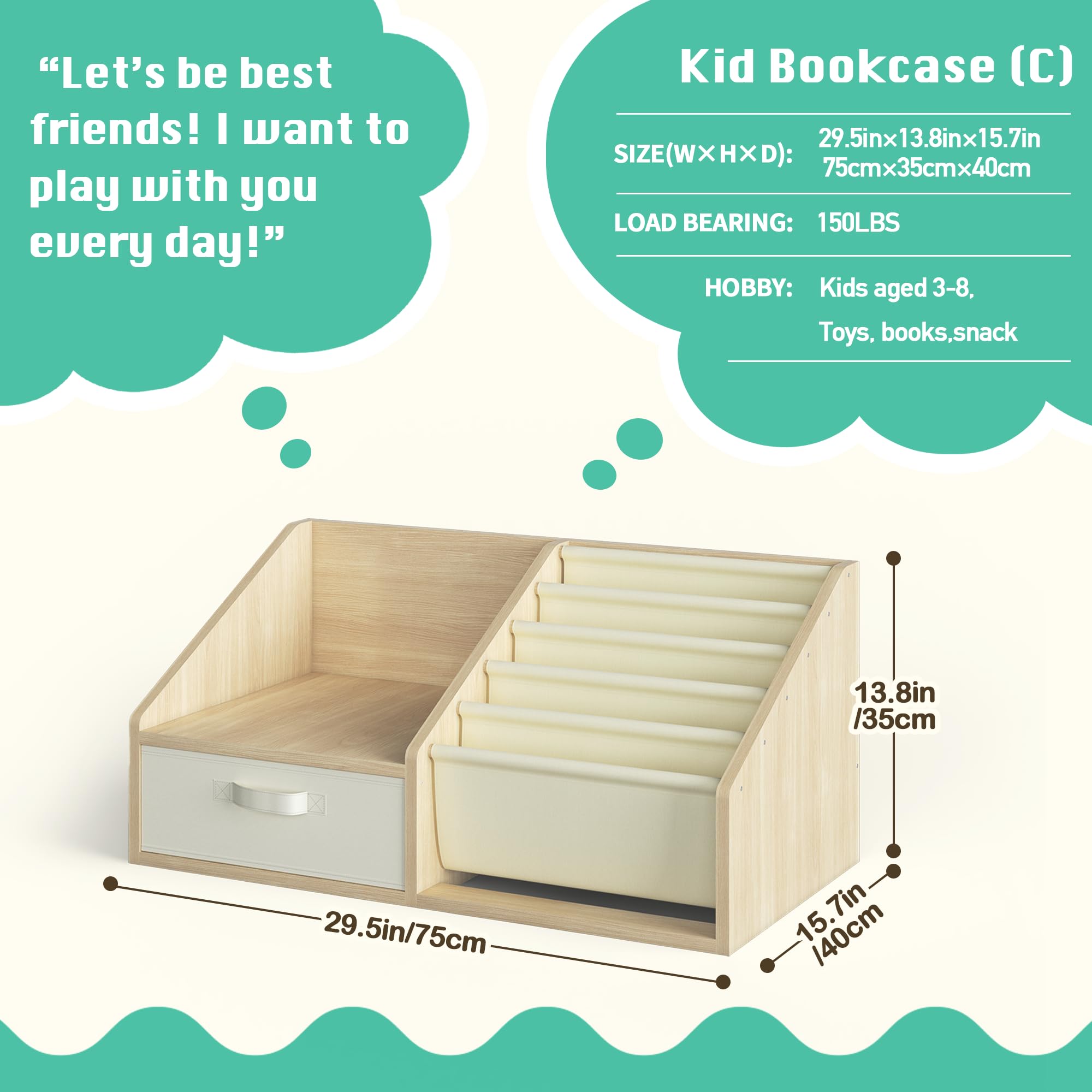 FKWin Kids Bookshelf with Seat - Forward-Facing Book Shelf for Kids Rooms, Nursery Bookcase with 5-Tier Montessori Shelf, Wooden