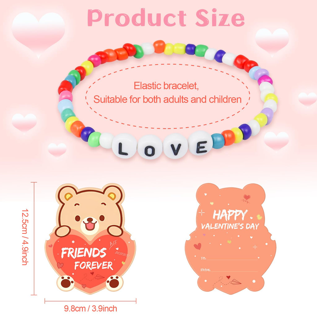Valentines Day Cards for Kids, 24 Pack Valentines Gift Classroom Cards with Galentines Friendship Bead Bracelets, Valentines Gift Exchange for Boys Girls, Valentines Party Favors Supplies for Kids