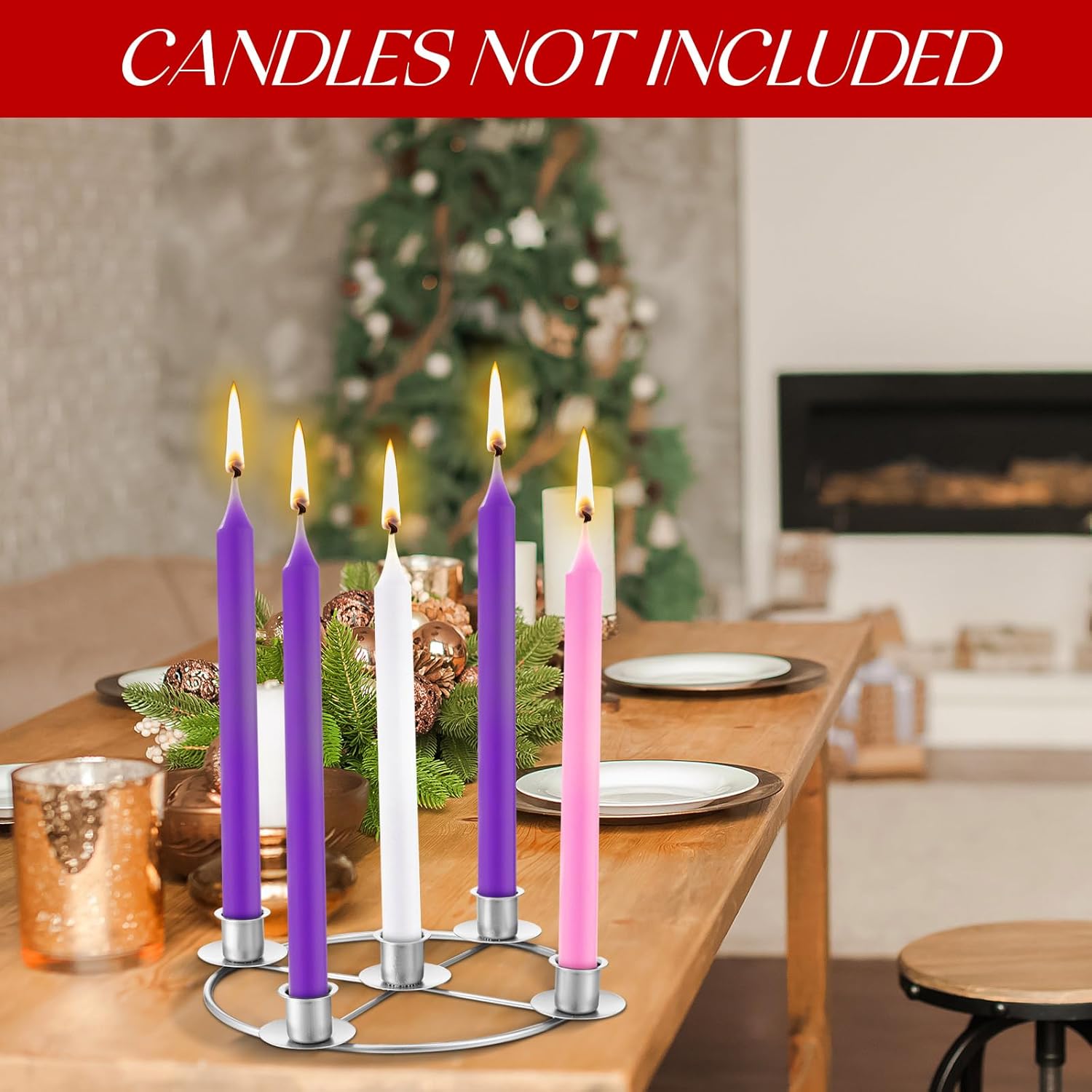 Newtay Christmas Advent Wreath Candle Holder - 5 Candle 8.5 Inch Metal Ring for Holiday Decor | Silver