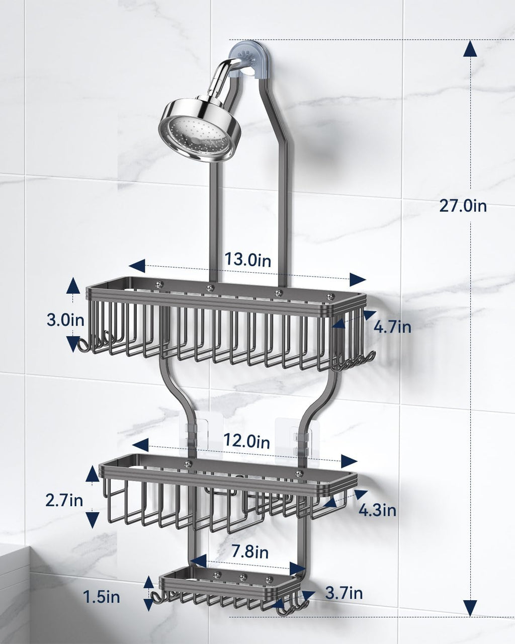 YASONIC Shower Caddy - Durable Aluminum Organizer with 10 Hooks & Soap Basket - Grey