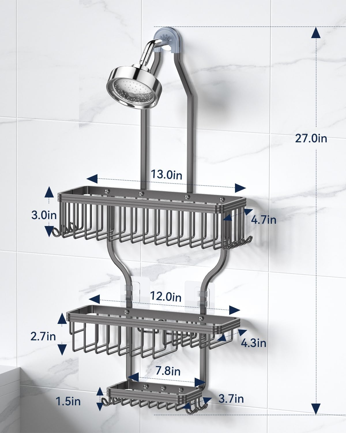 YASONIC Shower Caddy - Durable Aluminum Organizer with 10 Hooks & Soap Basket - Grey
