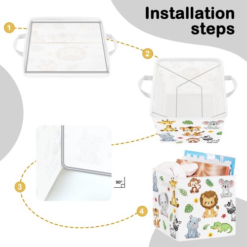 HUUMONSS 11.8" Jungle Animals Cube Storage Organizer Set 3Pcs Lion Giraffe Elephant Cube Storage Bin for Bathroom/Bedroom Parent Book Chest, Tiger