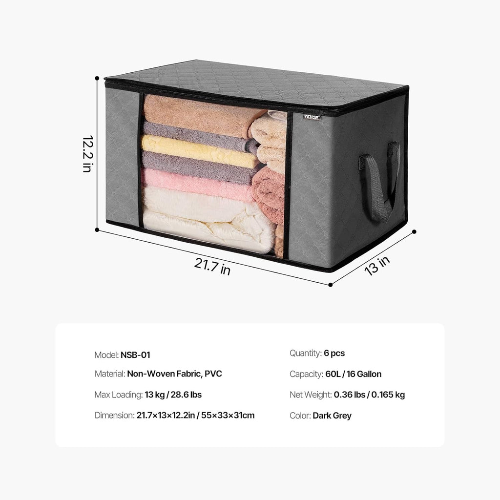 VEVOR 60L Large Storage Bags - 6 Pack Foldable Closet Organizers with Handles | Grey Non-Woven Fabric for Clothes & Blankets