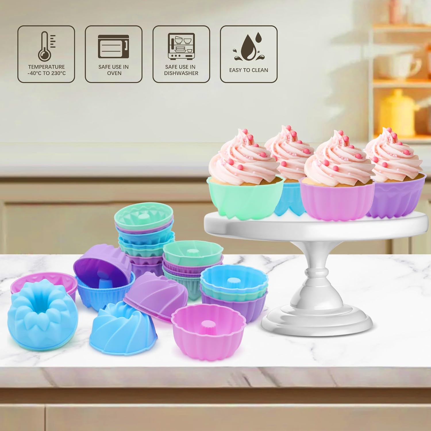 Skiennix 24-Pack Silicone Donut Molds - Nonstick 3-Inch Baking Cups | Oven, Microwave & Dishwasher Safe